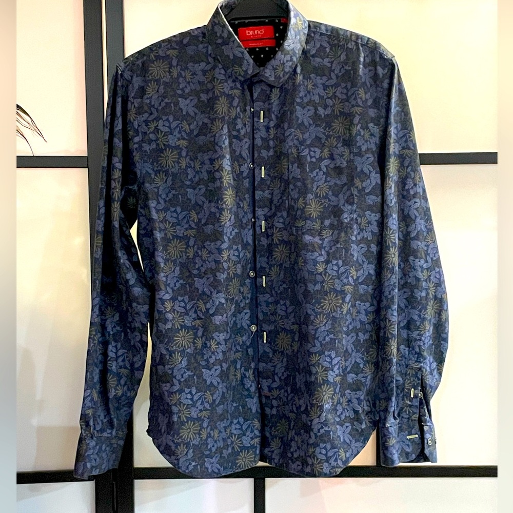 Blue Green White Floral Shirt wedding date casual office button down 100% cotton
